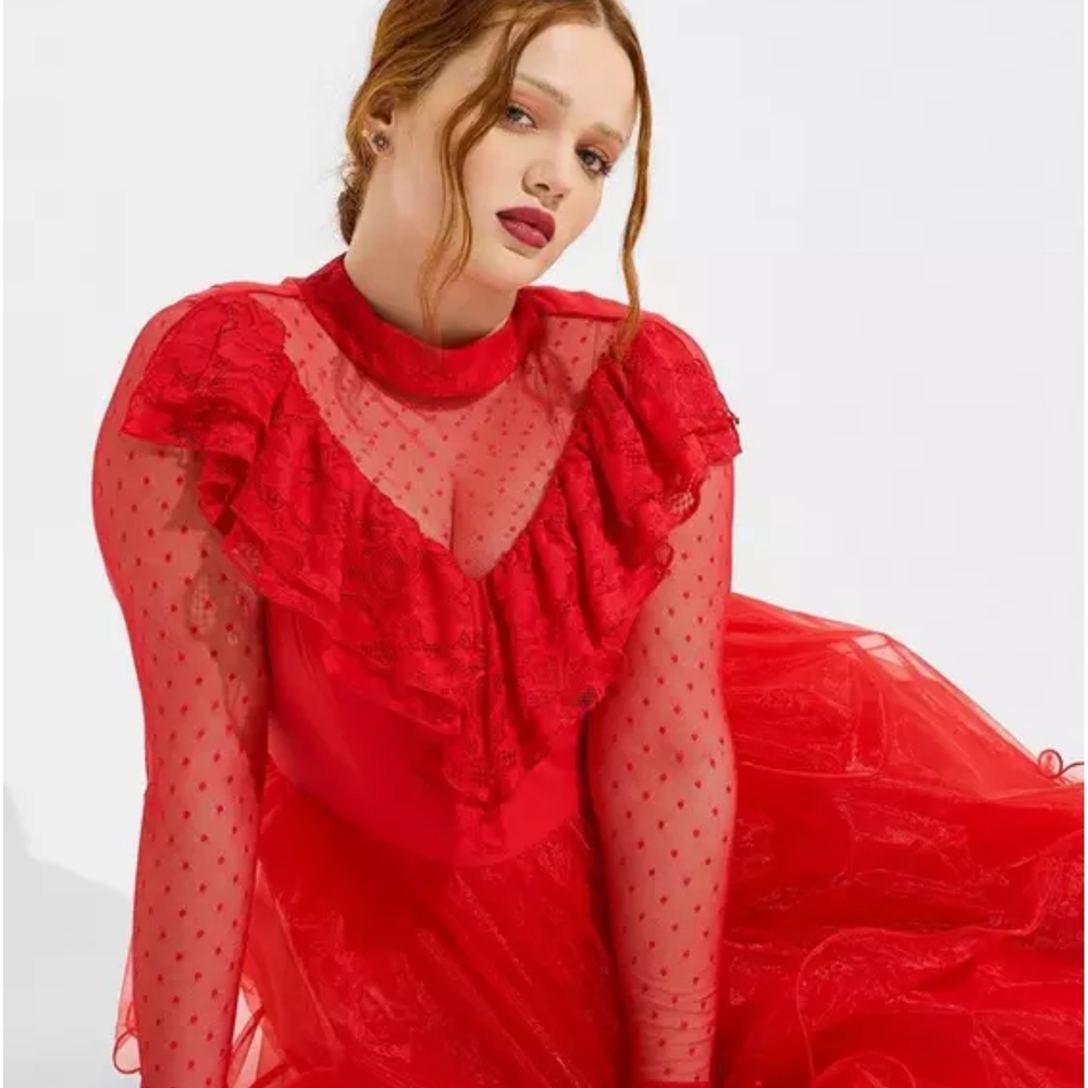 Beetlejuice Lydia Stretch Challis Red Mesh Tiered Dress - Picture 2 of 6